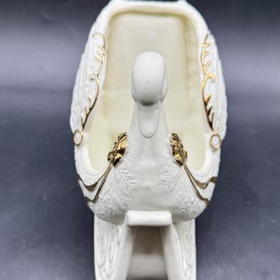 Sale Photo Thumbnail #606: Bisque ceramic with golden accent, can be used a planter or to hold other Christmas-themed items or even small Christmas cards.  Like-new condition, approx. 6.5" tall.