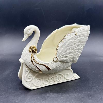 Sale Photo Thumbnail #604: Bisque ceramic with golden accent, can be used a planter or to hold other Christmas-themed items or even small Christmas cards.  Like-new condition, approx. 6.5" tall.