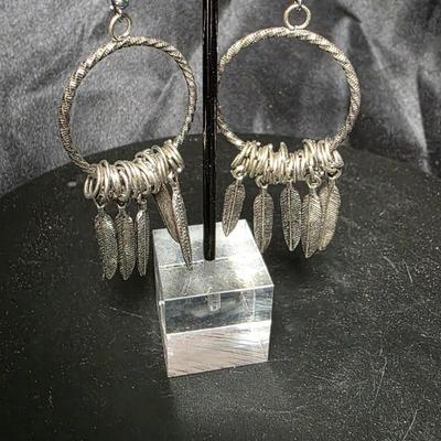 Vintage Silver-Tone Hoop Earrings with Feather Charms & Wire Wrap Accents