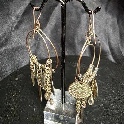 Vintage Bohemian Silver-Tone Hoop Earrings with Mixed Charms & Artisan Details