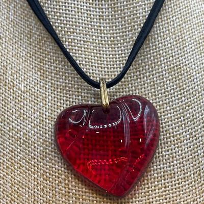 Vintage glass heart pendant on fabric neckalce