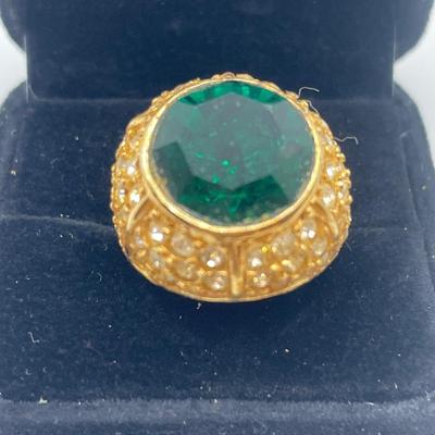 Vintage Napier gold tone ring with green cut glass center