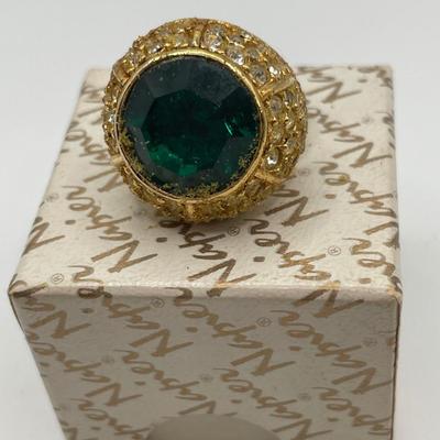 Vintage Napier gold tone ring with green cut glass center