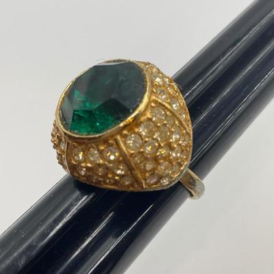 Vintage Napier gold tone ring with green cut glass center