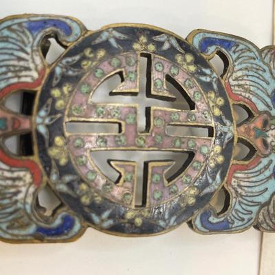 Asian Cloisonné Belt Buckle, 2 Asian metal belt buckles & a jade ring