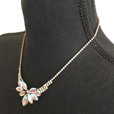 Beautiful, vintage, iridescent, rhinestone necklace has wear
