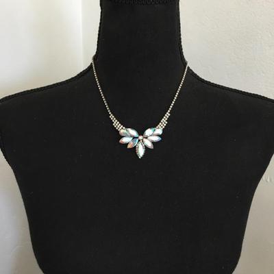 Beautiful, vintage, iridescent, rhinestone necklace has wear