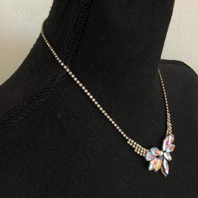 Beautiful, vintage, iridescent, rhinestone necklace has wear