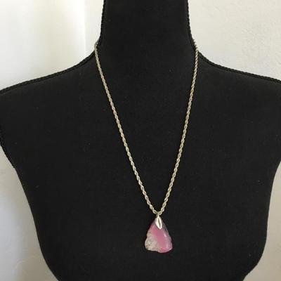 Beautiful, vintage, silver toned, chain and pink, purple, crystal agate stone pendant