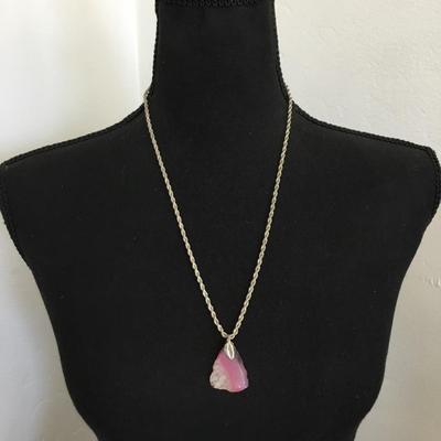 Beautiful, vintage, silver toned, chain and pink, purple, crystal agate stone pendant
