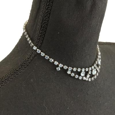 Beautiful, silver toned, art, deco, light, blue rhinestone choker necklace