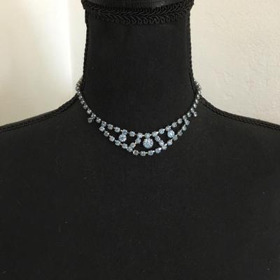 Beautiful, silver toned, art, deco, light, blue rhinestone choker necklace