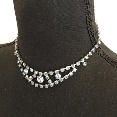 Beautiful, silver toned, art, deco, light, blue rhinestone choker necklace