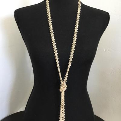 Beautiful, vintage, silver tone, chain faux pearl bead tassel knotted necklace
