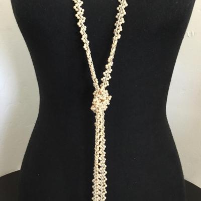 Beautiful, vintage, silver tone, chain faux pearl bead tassel knotted necklace
