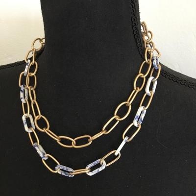 Beautiful satin, gold, toned, faux, stone chain-link double strand necklace