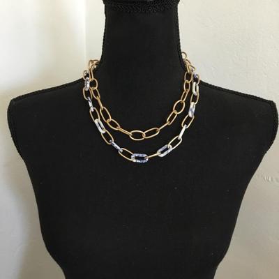 Beautiful satin, gold, toned, faux, stone chain-link double strand necklace