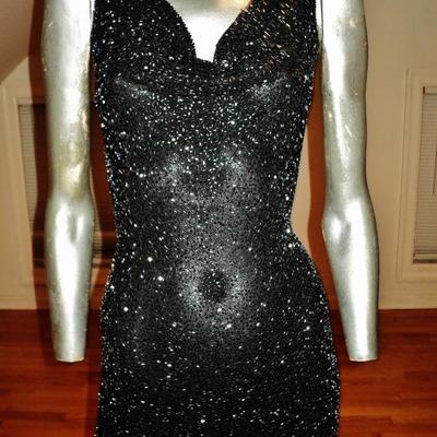 Vintage onyx all beaded French silk bias gown plunge front bodice 