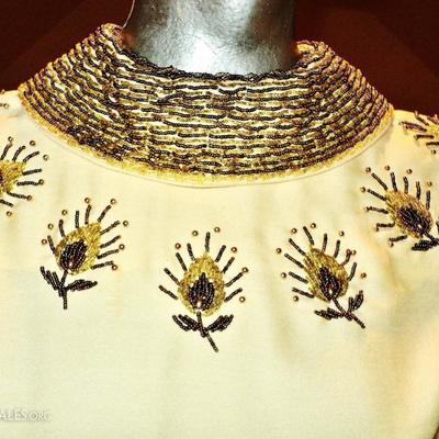 Vtg 1950's Trapeze raw silk heavily embellished gold copper bead embroidery