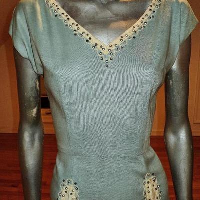 Vtg 1950's wiggle linen dress bead embroidery on lace