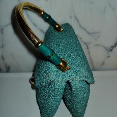  Koret France 1950 Leather/crochet double bag gold overlay /bamboo handle