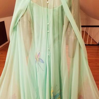Vtg 1960's Chiffon maxi hand painted gown full opera shawl  fluid cover green/