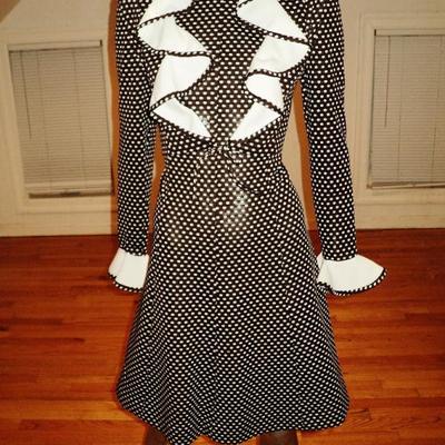 Vtg 1970's Brown/white polka dot dress ruffled jacket ensemble Kollection Ltd