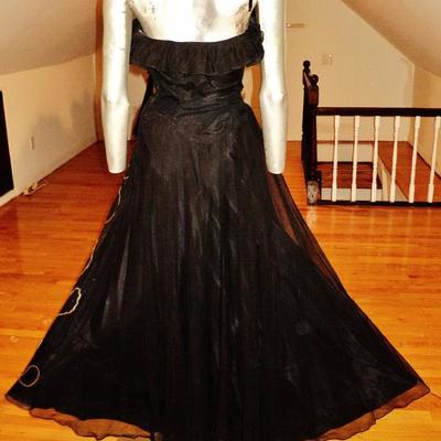 Vtg 1930's voile ruffled ball gown single strap sequins layers 
