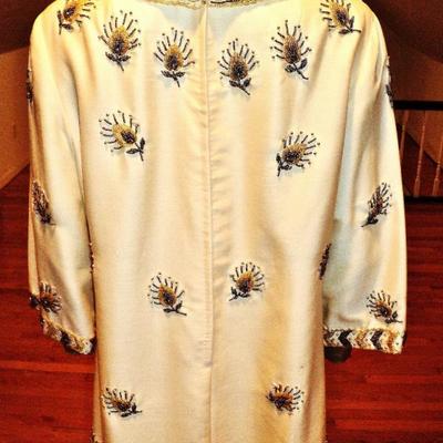 Vtg 1950's Trapeze raw silk heavily embellished gold copper bead embroidery