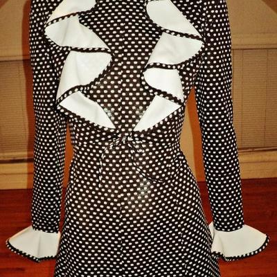 Vtg 1970's Brown/white polka dot dress ruffled jacket ensemble Kollection Ltd