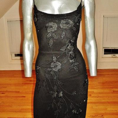 Vtg Sue Wong open fillet silk bias gown beaded onyx embroidery
