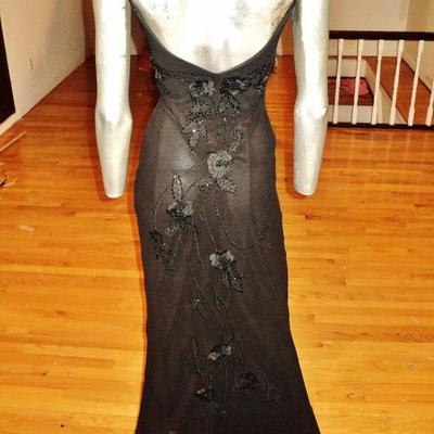 Vtg Sue Wong open fillet silk bias gown beaded onyx embroidery