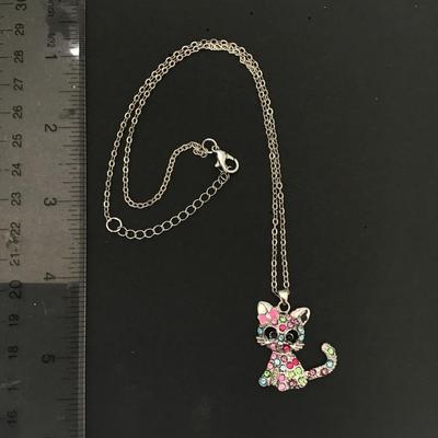 Sale Photo Thumbnail #89: Very cute multi colored rhinestone cat pendant necklace please see attached photos