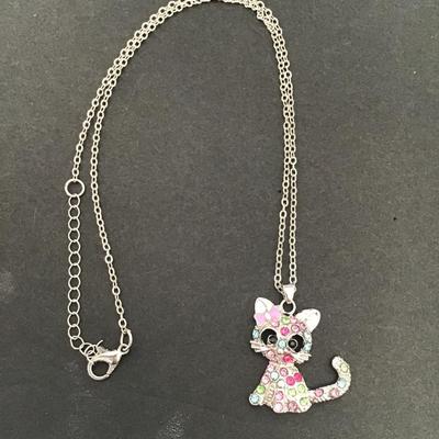 Sale Photo Thumbnail #88: Very cute multi colored rhinestone cat pendant necklace please see attached photos