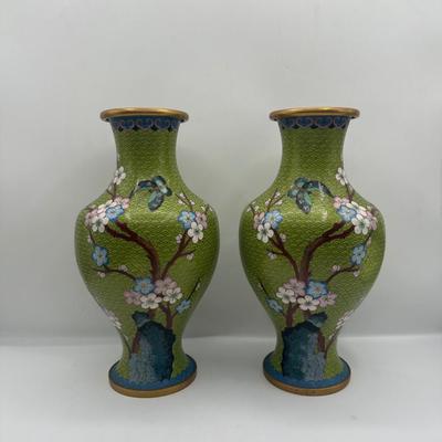 Pair of Green Cloisonné-Style Floral Vases, Made in China