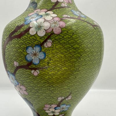 Pair of Green Cloisonné-Style Floral Vases, Made in China