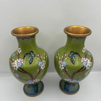 Pair of Green Cloisonné-Style Floral Vases, Made in China