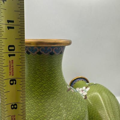 Pair of Green Cloisonné-Style Floral Vases, Made in China