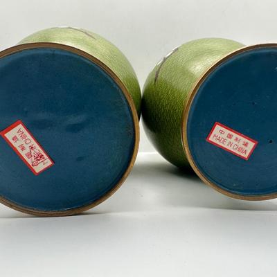 Pair of Green Cloisonné-Style Floral Vases, Made in China