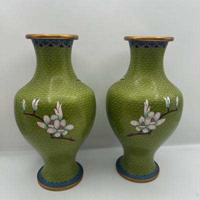 Pair of Green Cloisonné-Style Floral Vases, Made in China