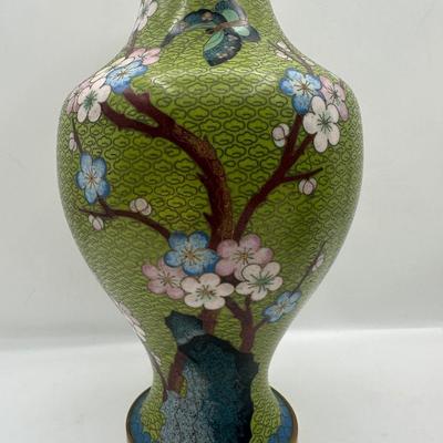 Pair of Green Cloisonné-Style Floral Vases, Made in China