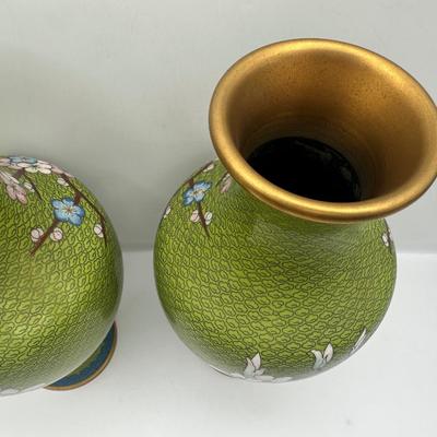 Pair of Green Cloisonné-Style Floral Vases, Made in China