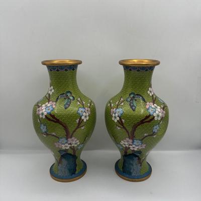 Pair of Green Cloisonné-Style Floral Vases, Made in China