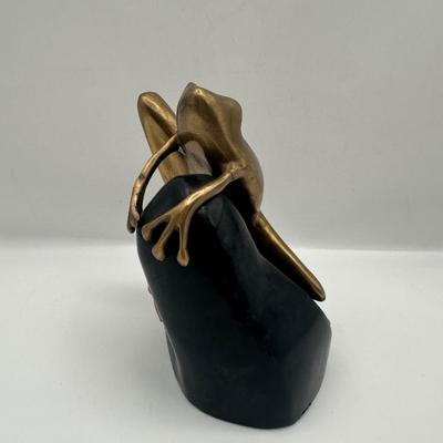 Vintage Bombay Company Brass Frog on Stone Statue