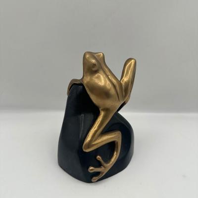 Vintage Bombay Company Brass Frog on Stone Statue