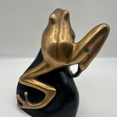 Vintage Bombay Company Brass Frog on Stone Statue