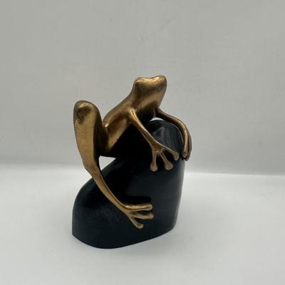 Vintage Bombay Company Brass Frog on Stone Statue