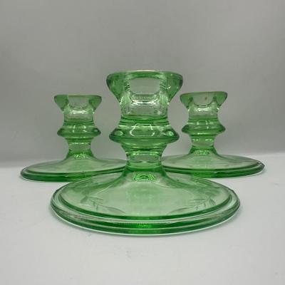 Vintage Uranium Glass Candlesticks Etched Floral Design