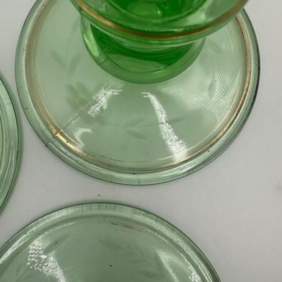 Vintage Uranium Glass Candlesticks Etched Floral Design