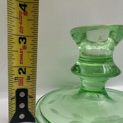 Vintage Uranium Glass Candlesticks Etched Floral Design